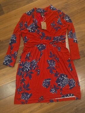 Joules Red Floral Wrap Dress with Navy Bloom